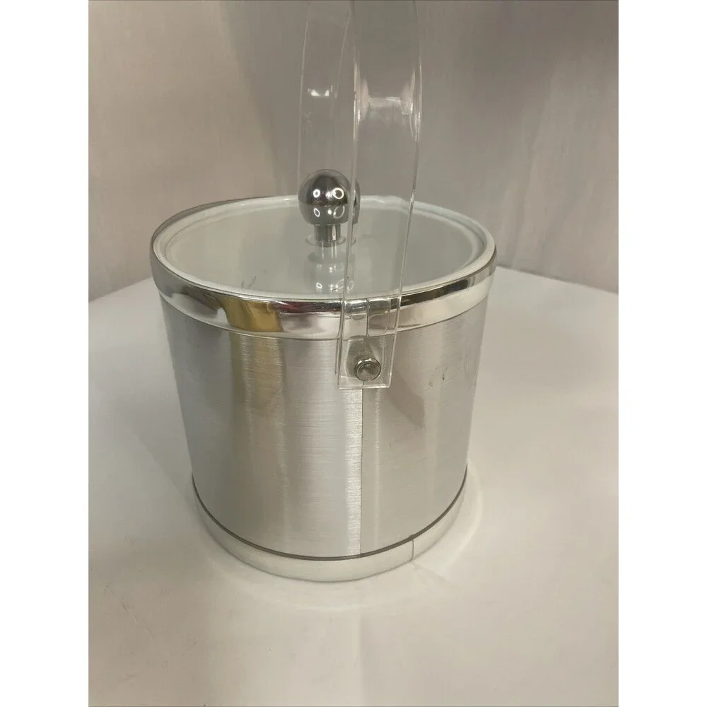 2 Vintage Gold Silver Ice Buckets Plastic, Clear Lid, Tongs Made In Taiwan